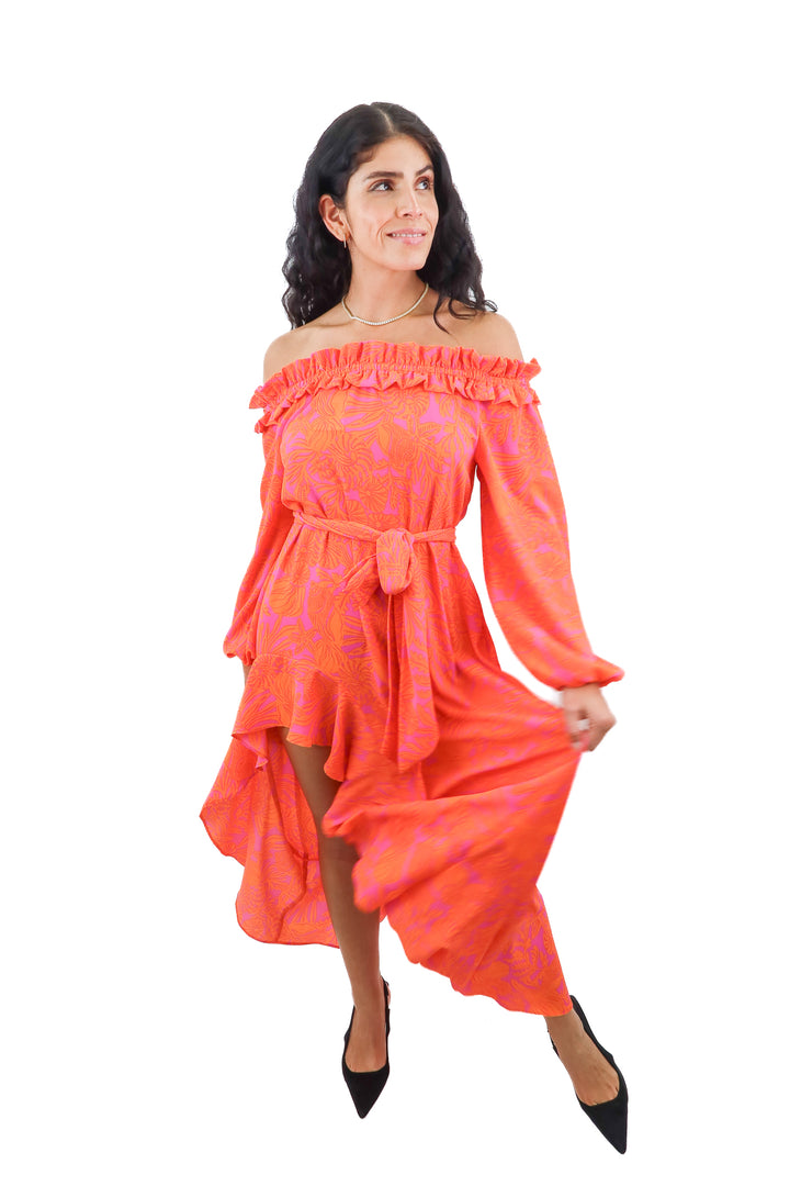 Show Me Your Mumu orange & pink shells print high low dress (XS; retail $140)
