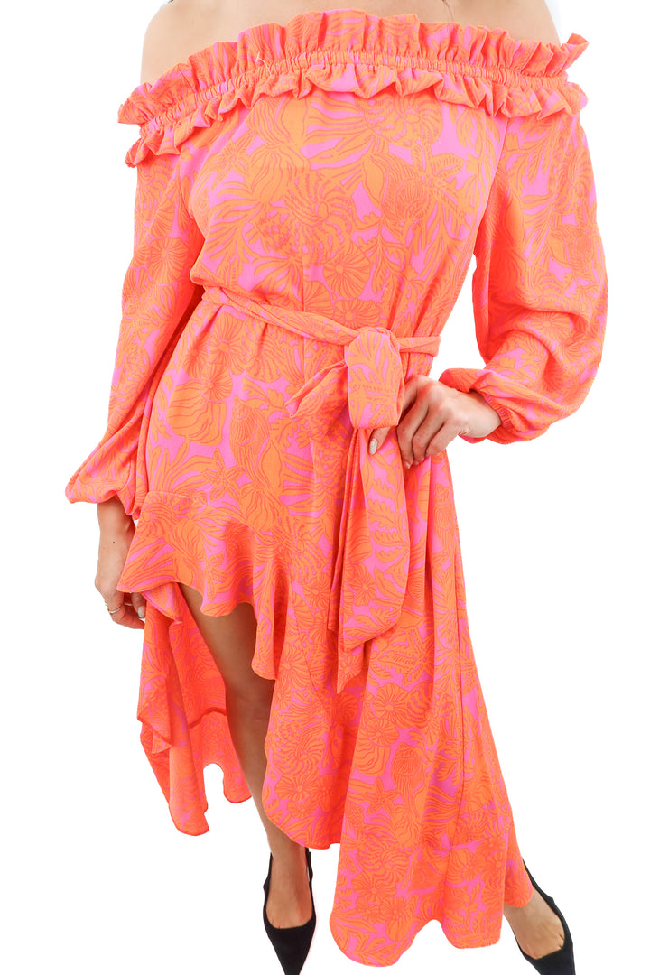 Show Me Your Mumu orange & pink shells print high low dress (XS; retail $140)