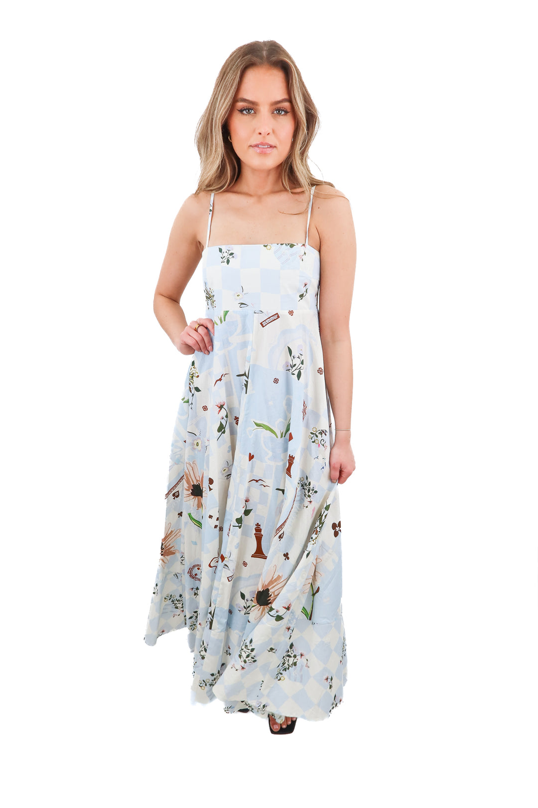 Petal & Pup blue chess floral print maxi dress NWT (4)