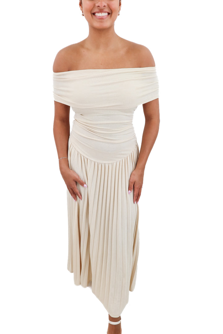 lioness nude off shoulder knit maxi dress (xs)