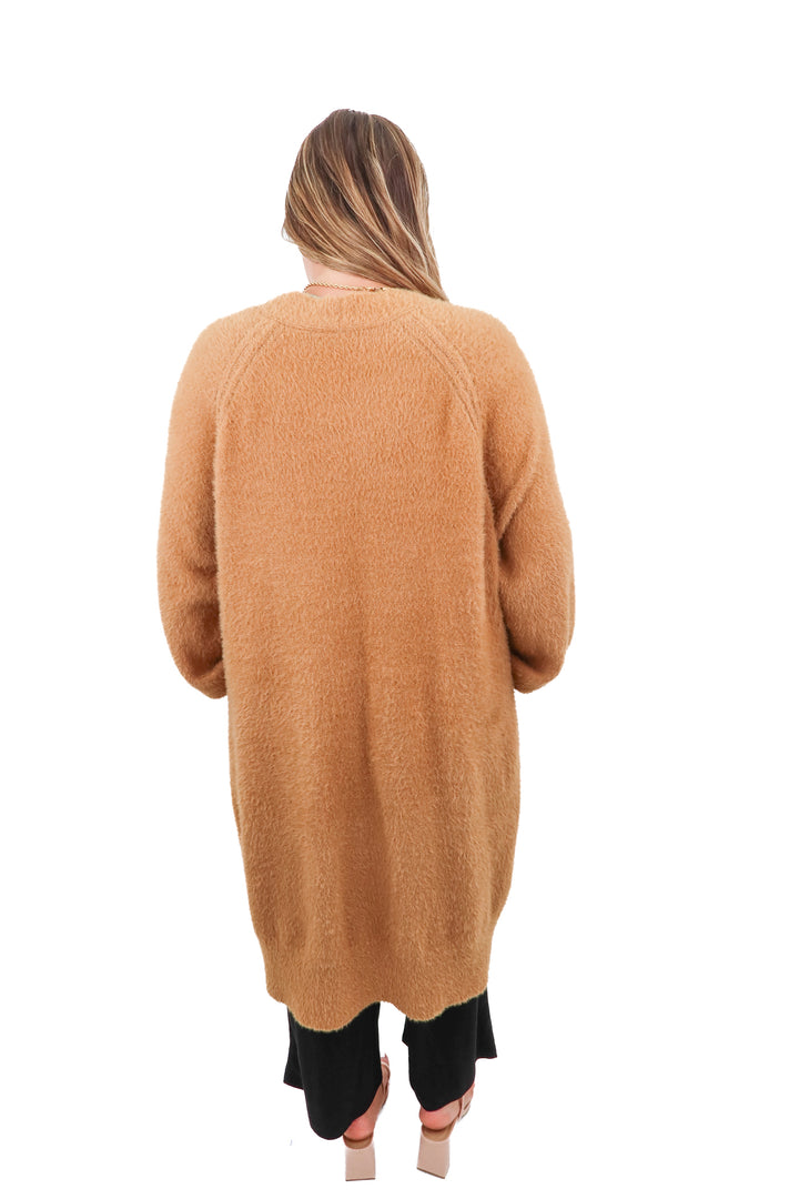 calia brown fuzzy long cardigan (m)