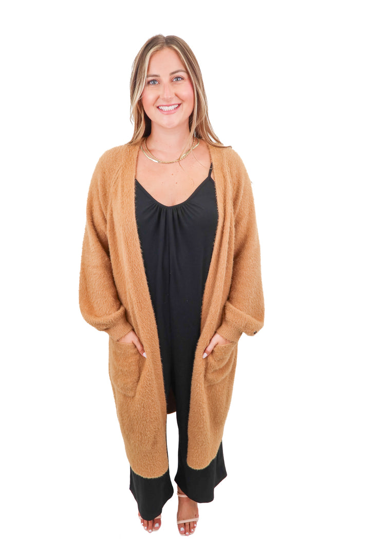calia brown fuzzy long cardigan (m)