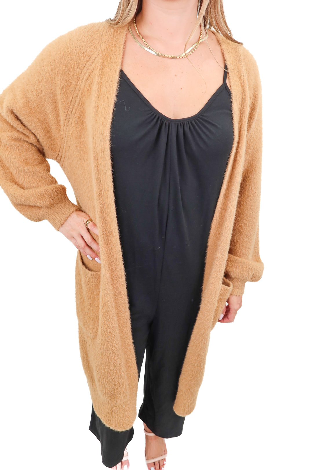 calia brown fuzzy long cardigan (m)