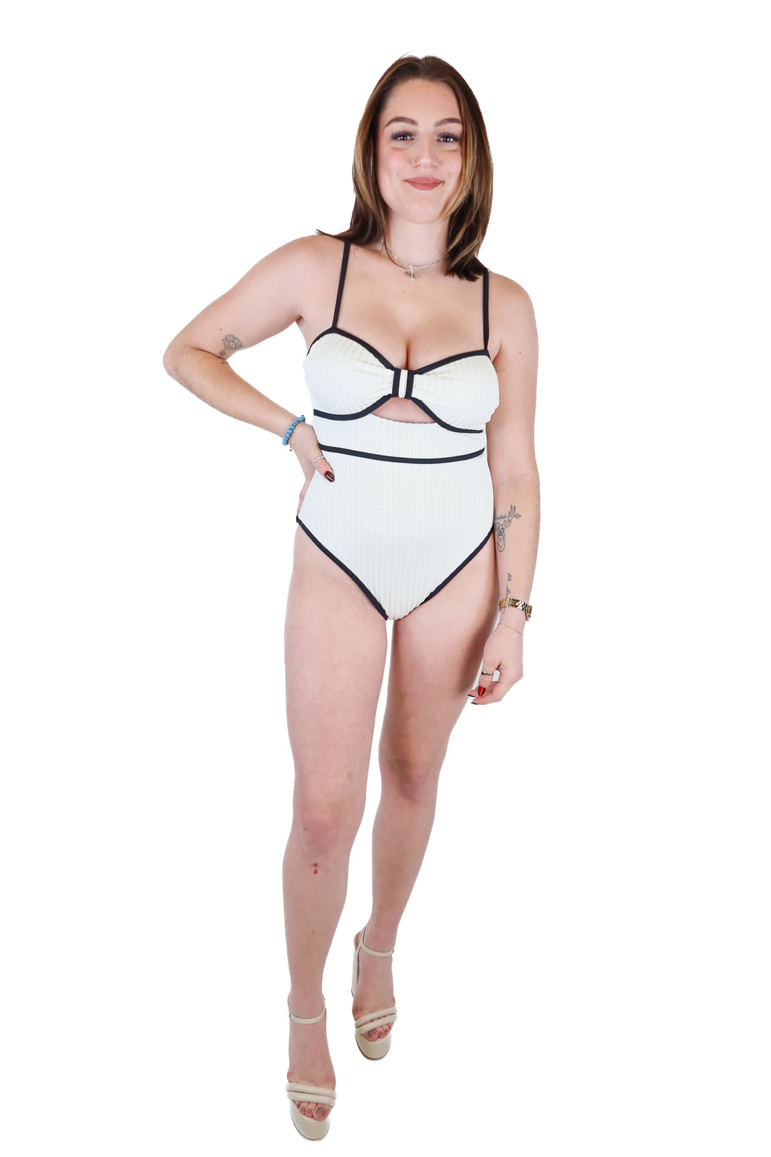 Cupshe Black and Cream Textured One-Piece Swim Suit NWT (M)