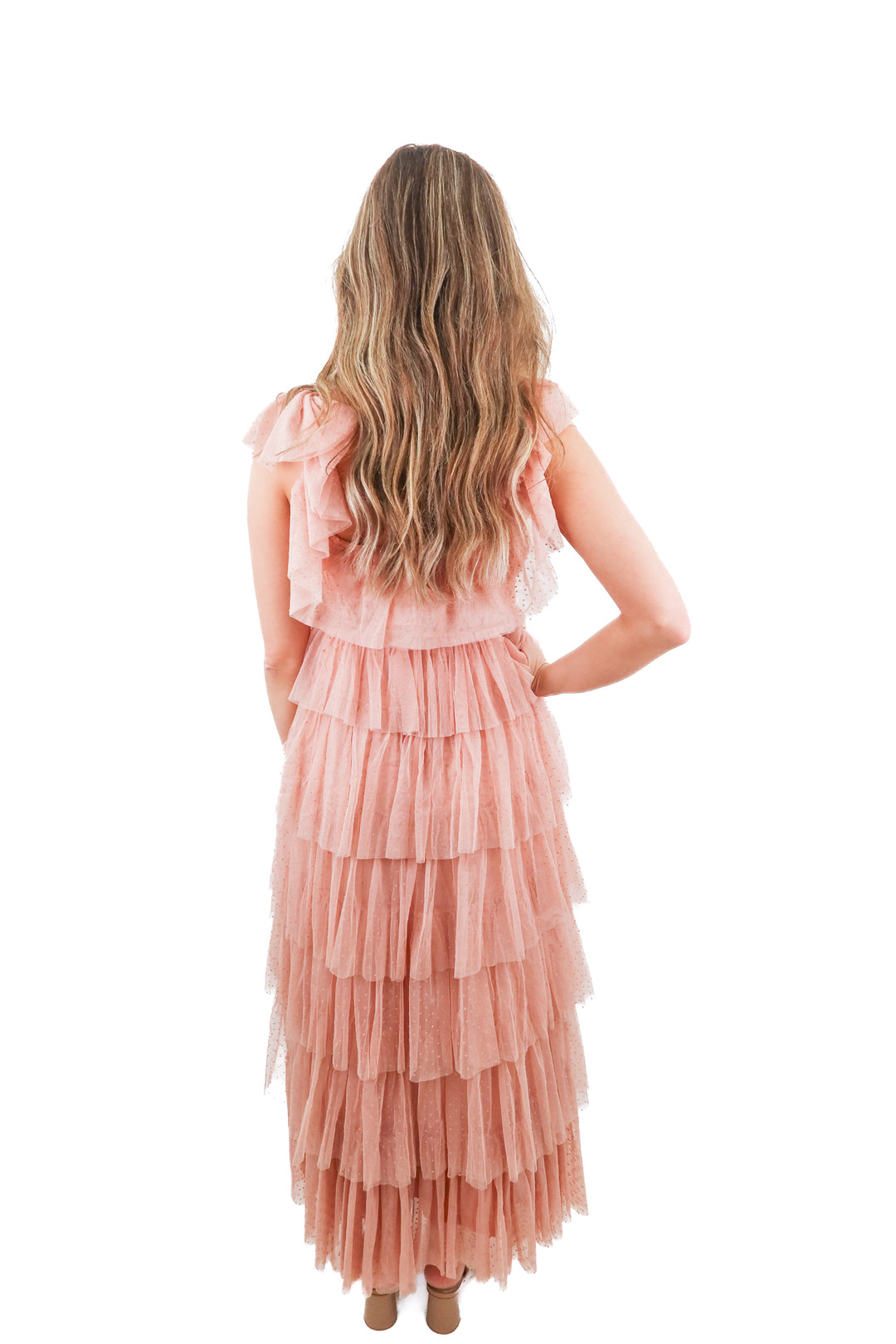 Petal & Pup blush tulle ruffle tiered maxi dress (XS)