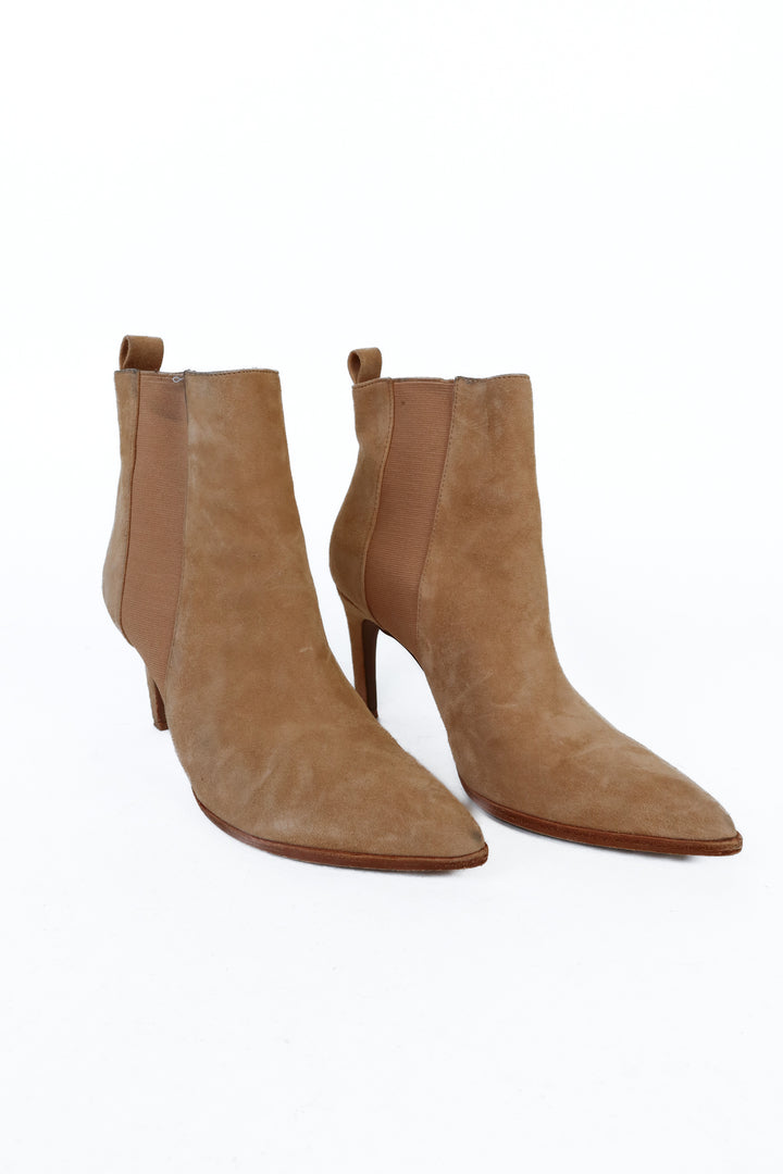 42 Gold Tan Suede Stiletto Booties (7.5; retail $160)