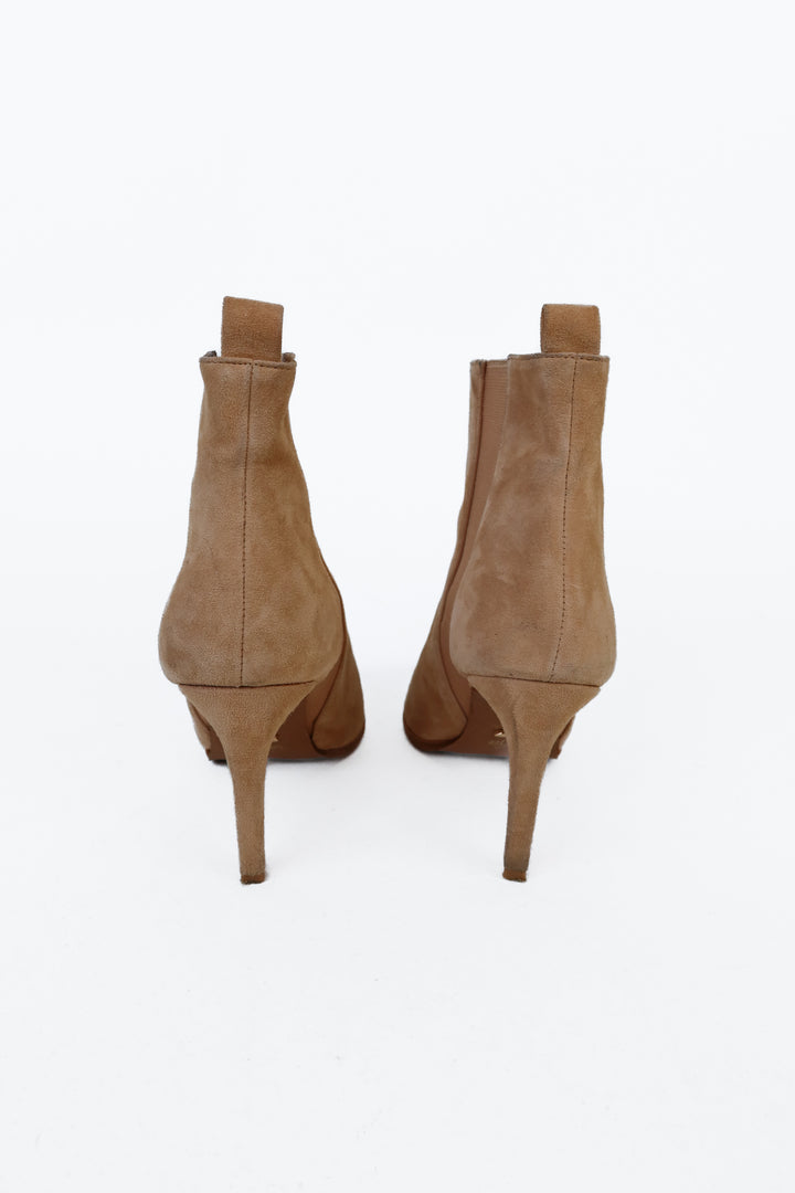 42 Gold Tan Suede Stiletto Booties (7.5; retail $160)