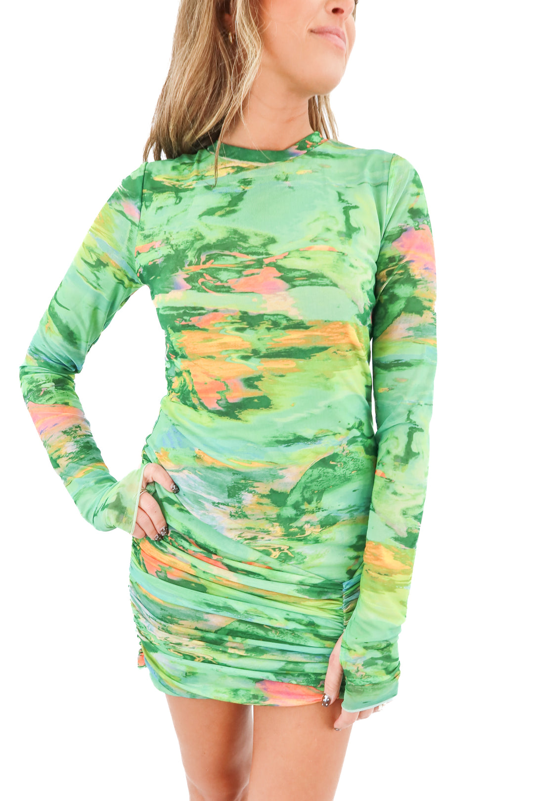 afrm green printed ruched mini dress (m; retail $88)