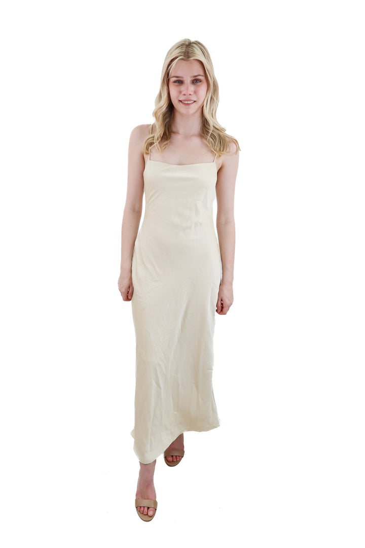 divided champagne satin maxi dress (s)