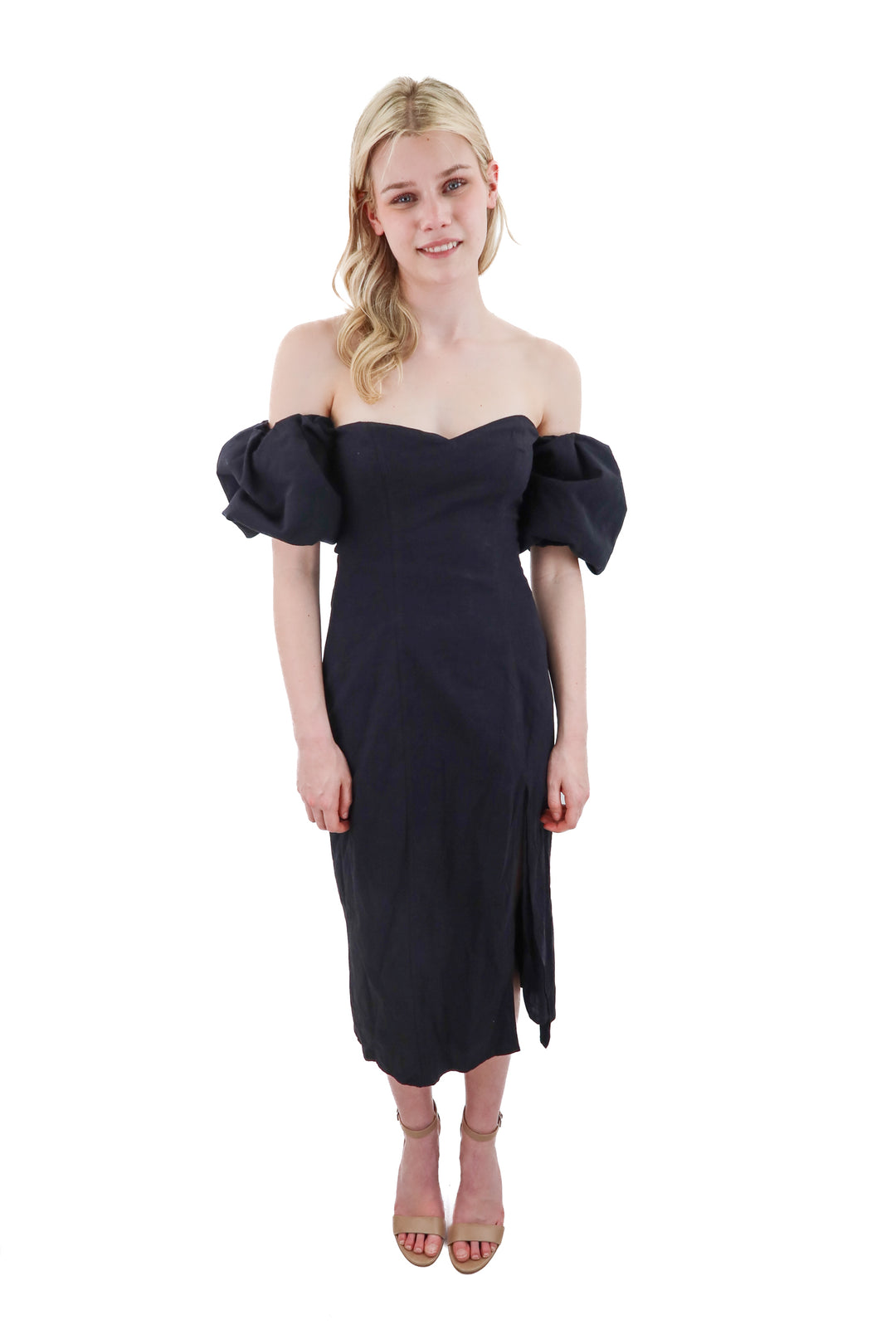 h&m black linen blend puff sleeve long dress nwt (s; retail $45)