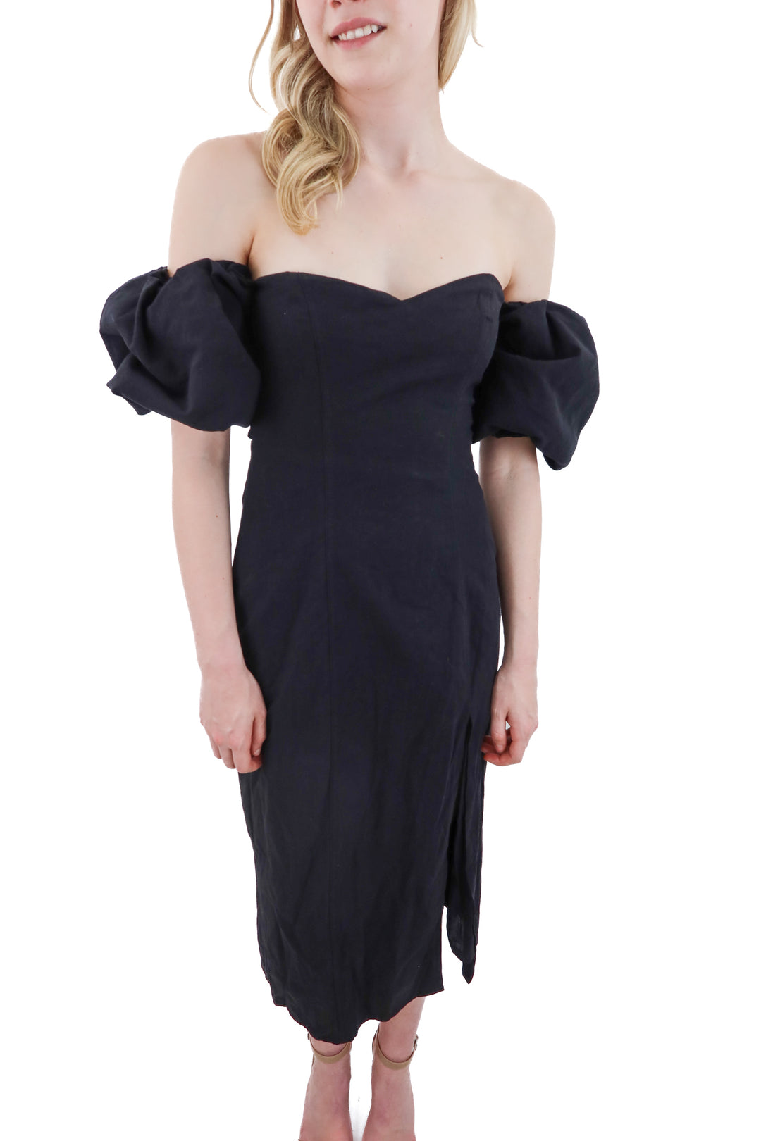 h&m black linen blend puff sleeve long dress nwt (s; retail $45)
