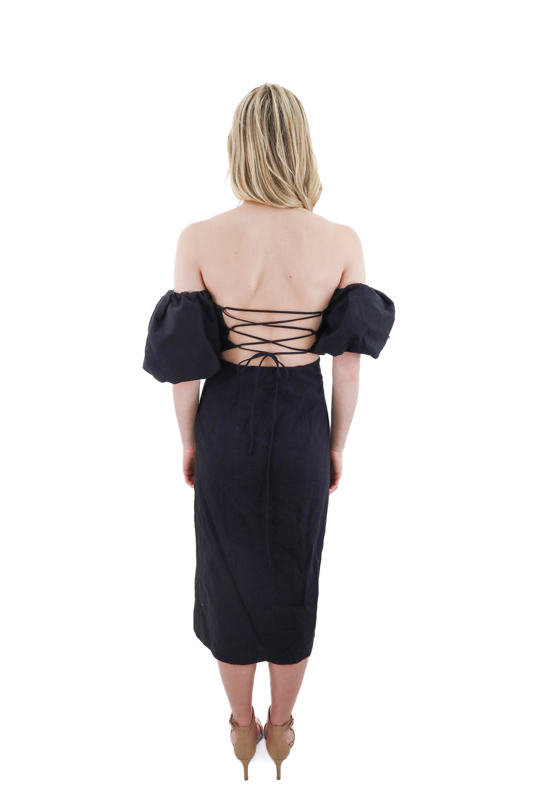 h&m black linen blend puff sleeve long dress nwt (s; retail $45)