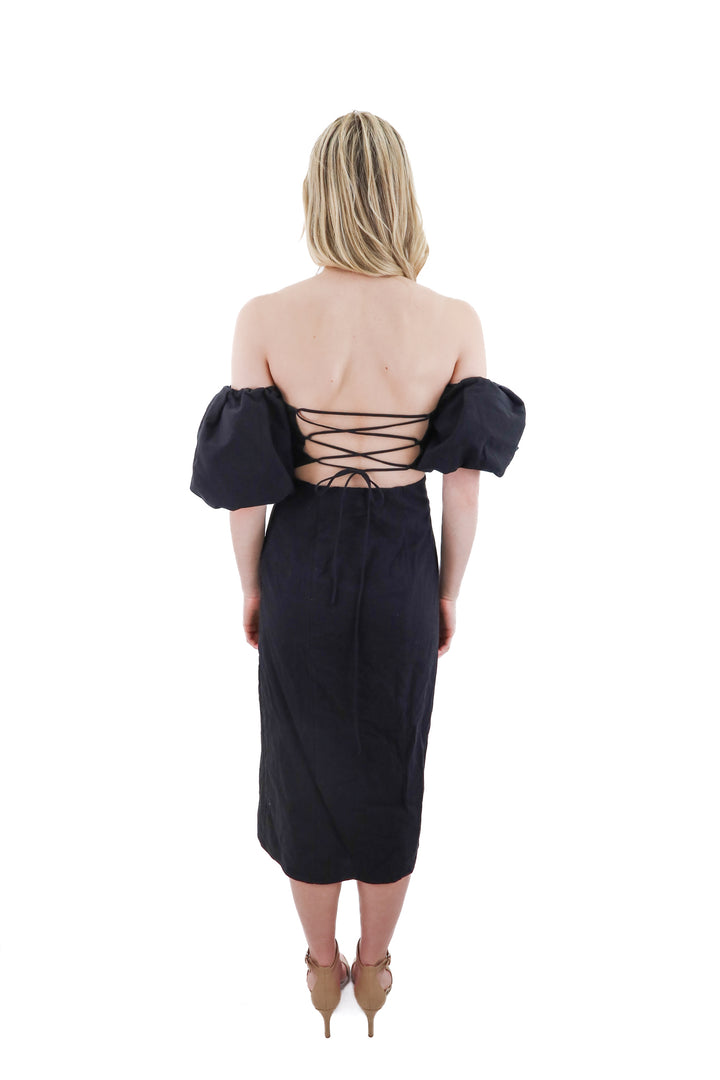h&m black linen blend puff sleeve long dress nwt (s; retail $45)