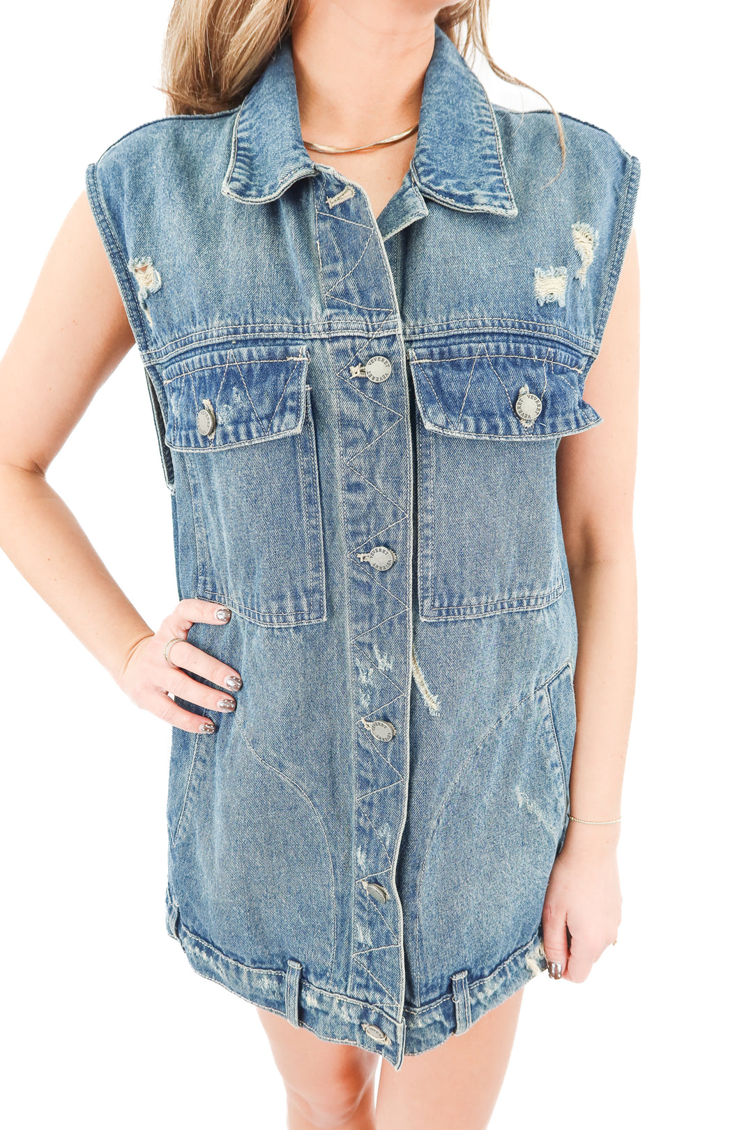 veveret denim sleeveless button up vest (m; retail $82)