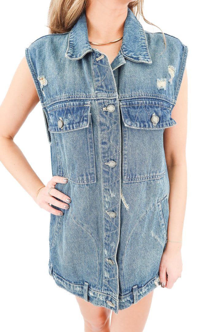 veveret denim sleeveless button up vest (m; retail $82)
