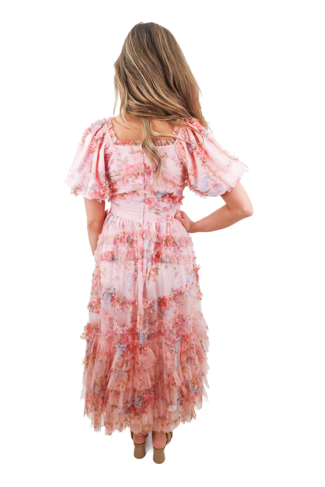 Ivy City Co. pink floral ruffle tiered maxi dress NWT (00)