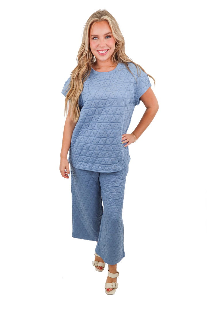 blue textured top/pant set (L)