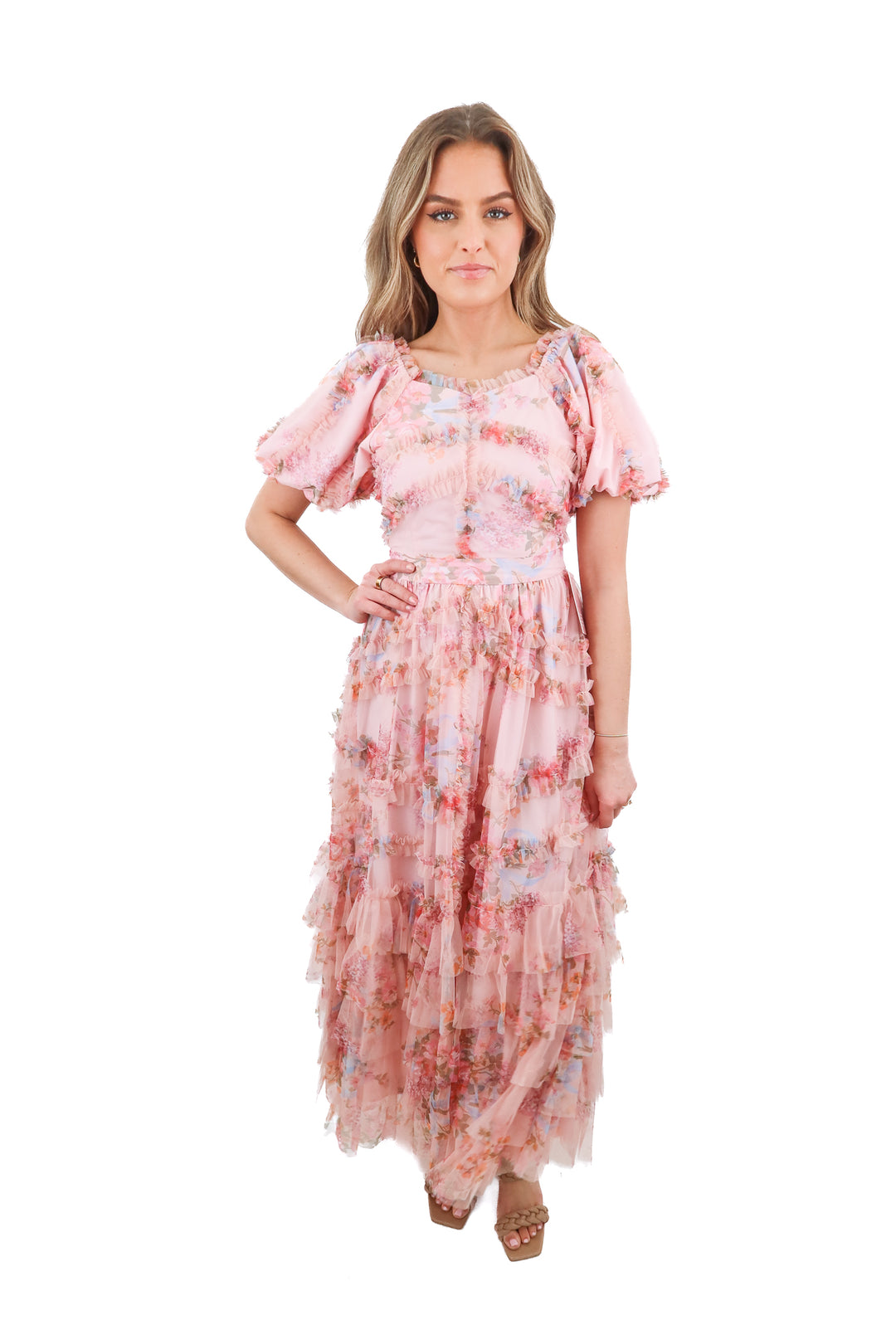 Ivy City Co. pink floral ruffle tiered maxi dress NWT (00)