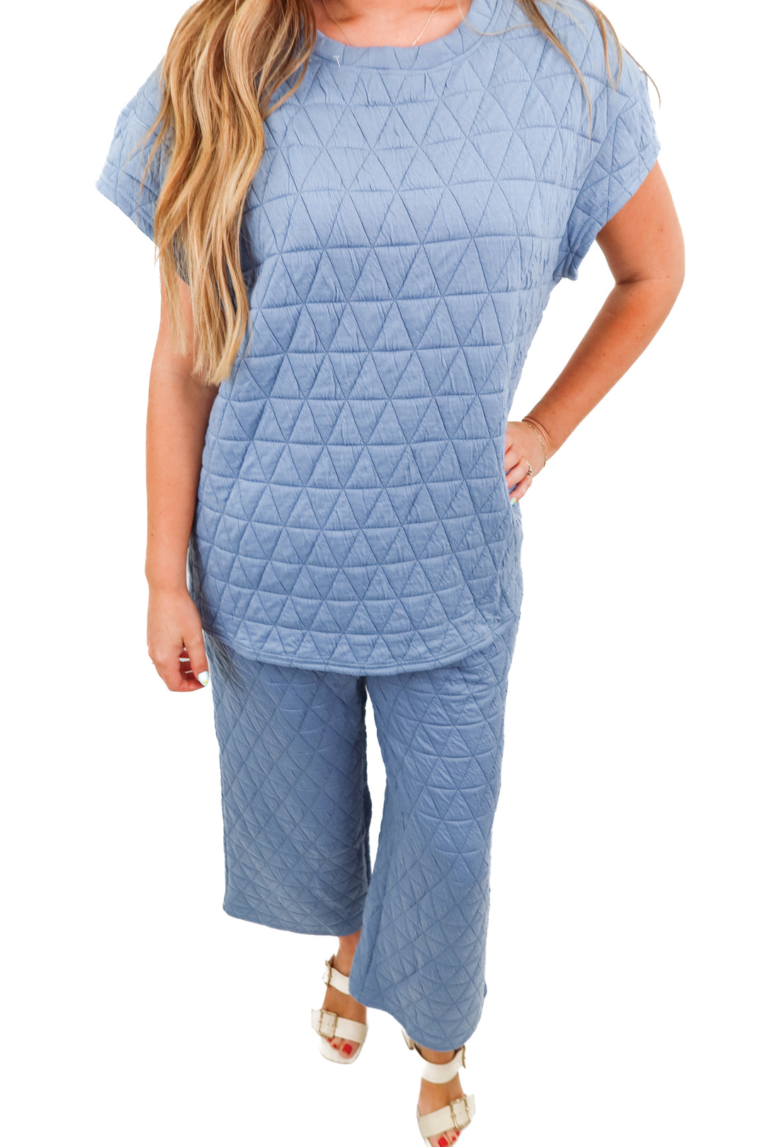blue textured top/pant set (L)