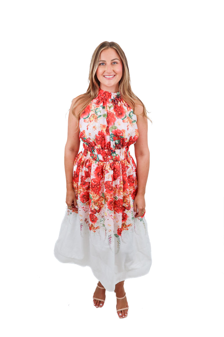 eb luxe red floral maxi dress (m)