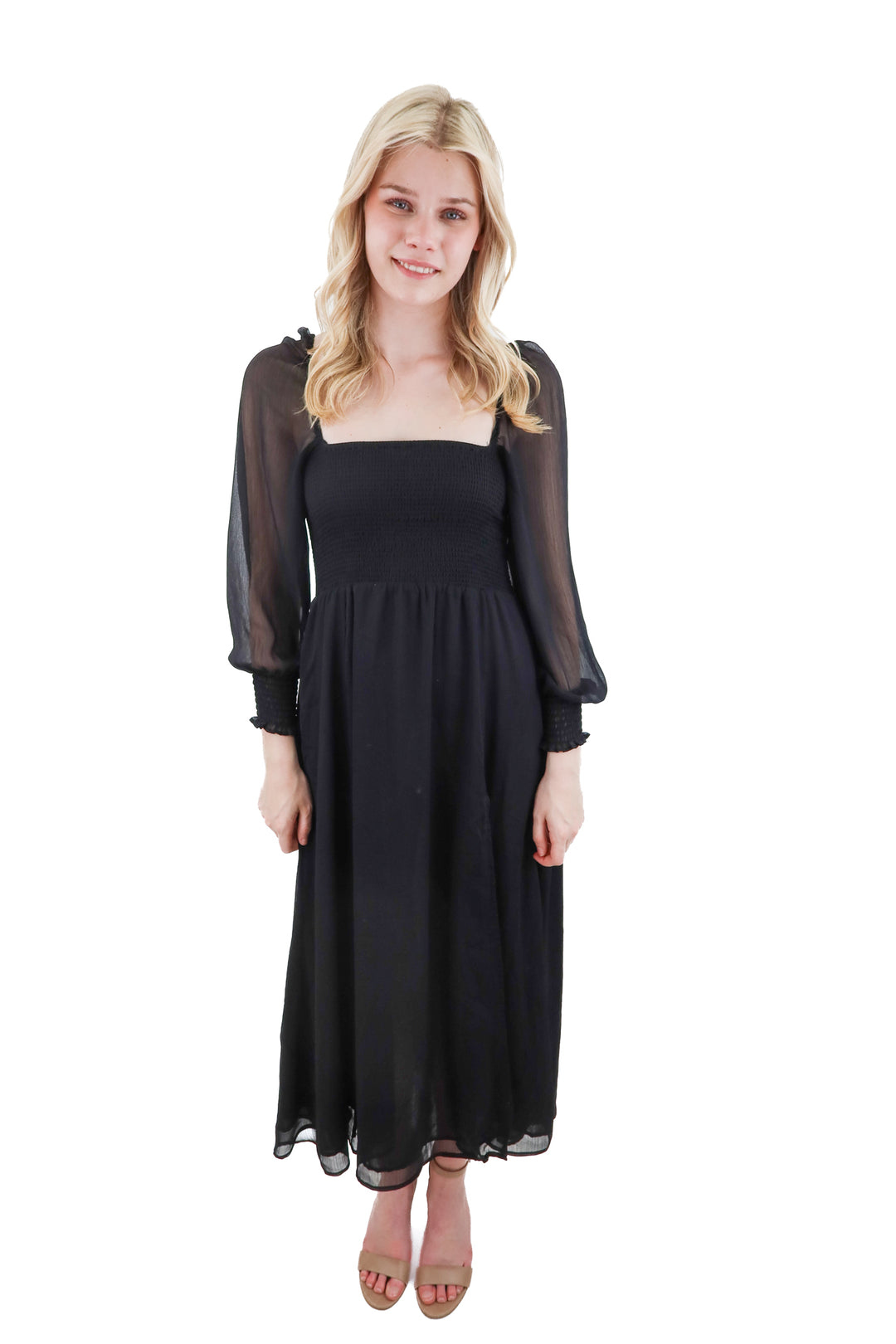 o.p.t black shirred long sleeve dress (xs)