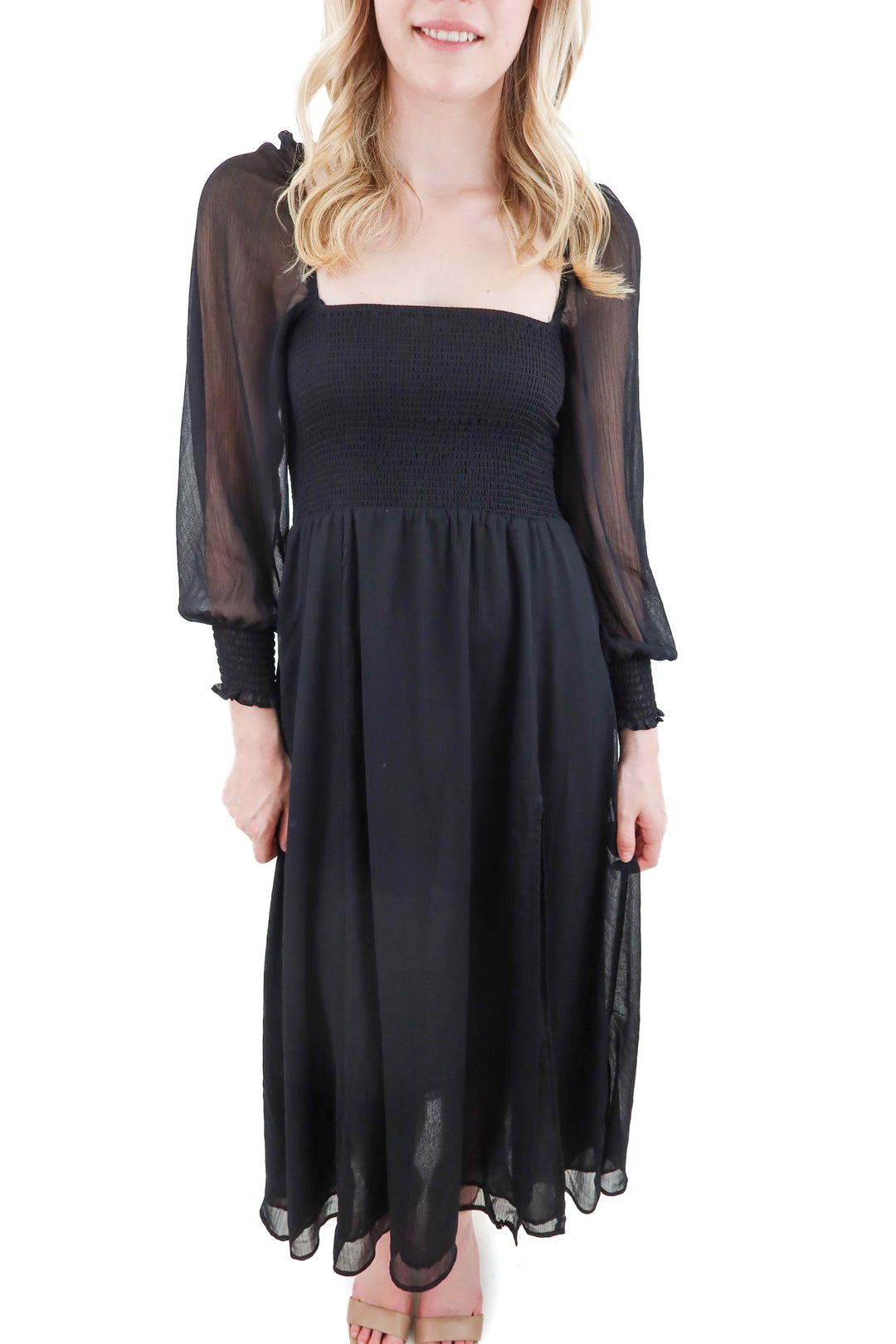o.p.t black shirred long sleeve dress (xs)