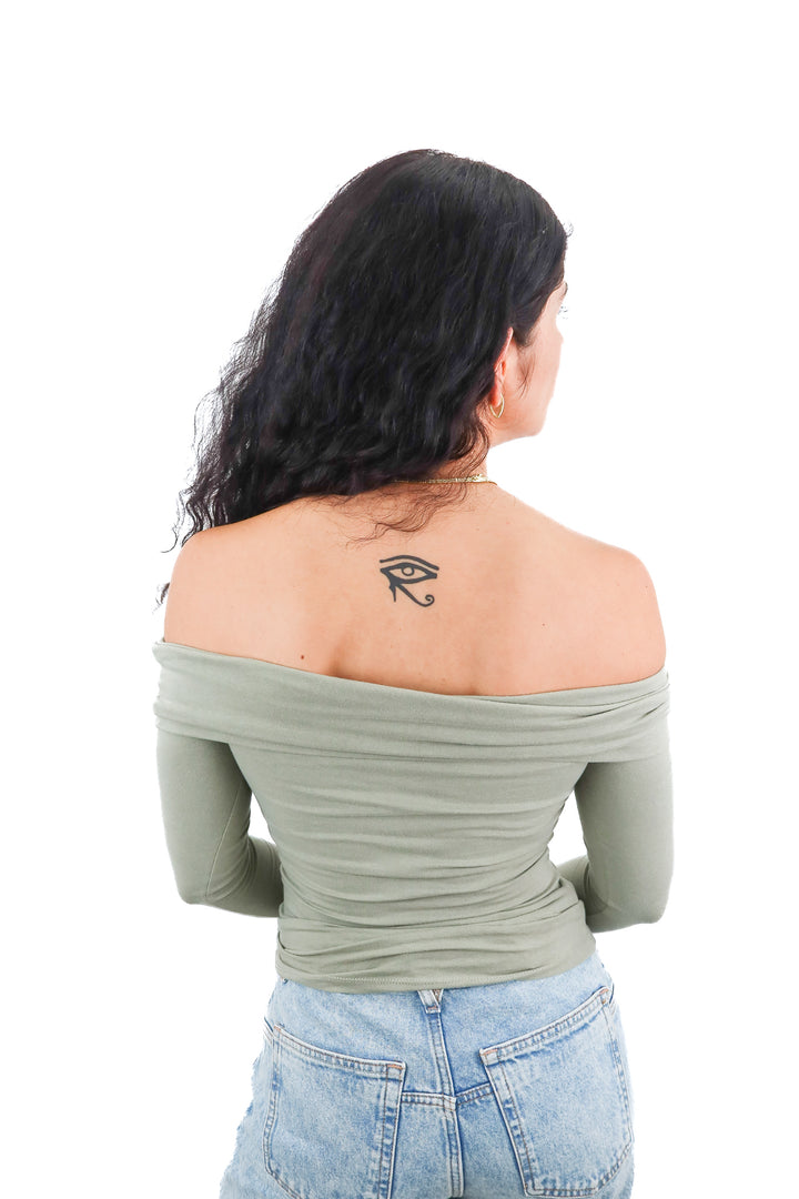 Abercrombie & Fitch sage green off shoulder top (XS; retail $50)