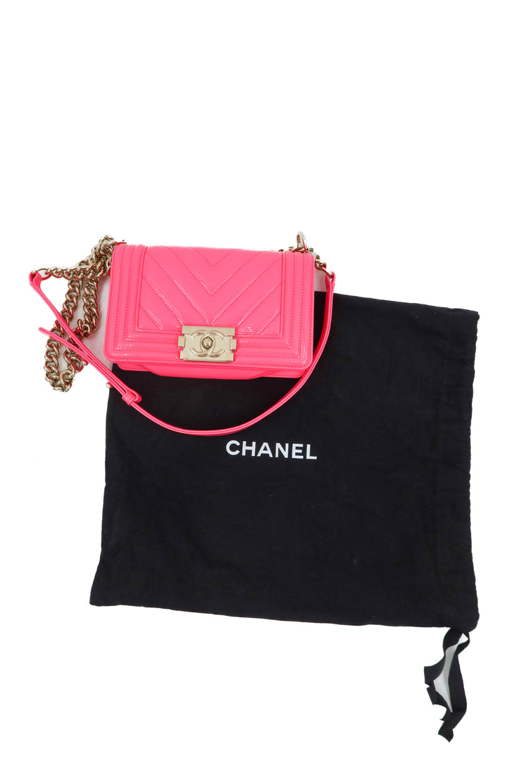chanel patent chevron quilted small boy flap neon pink NWOT (retail $6,400)