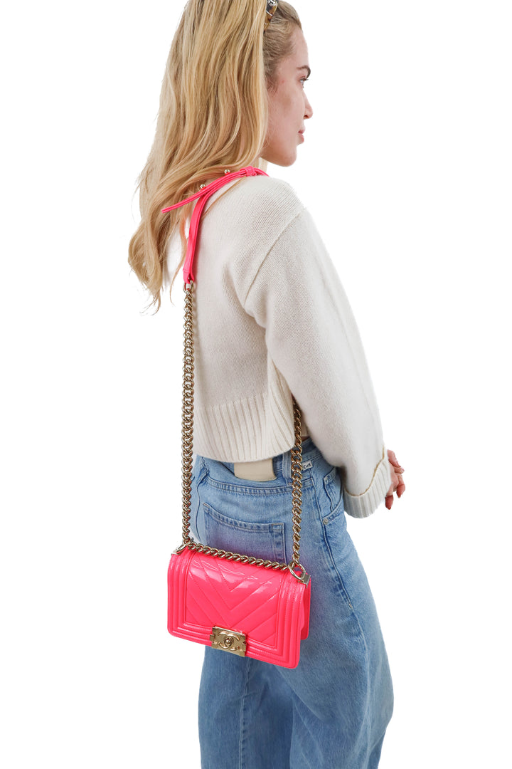 chanel patent chevron quilted small boy flap neon pink NWOT (retail $6,400)