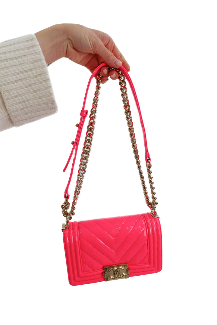 chanel patent chevron quilted small boy flap neon pink NWOT (retail $6,400)