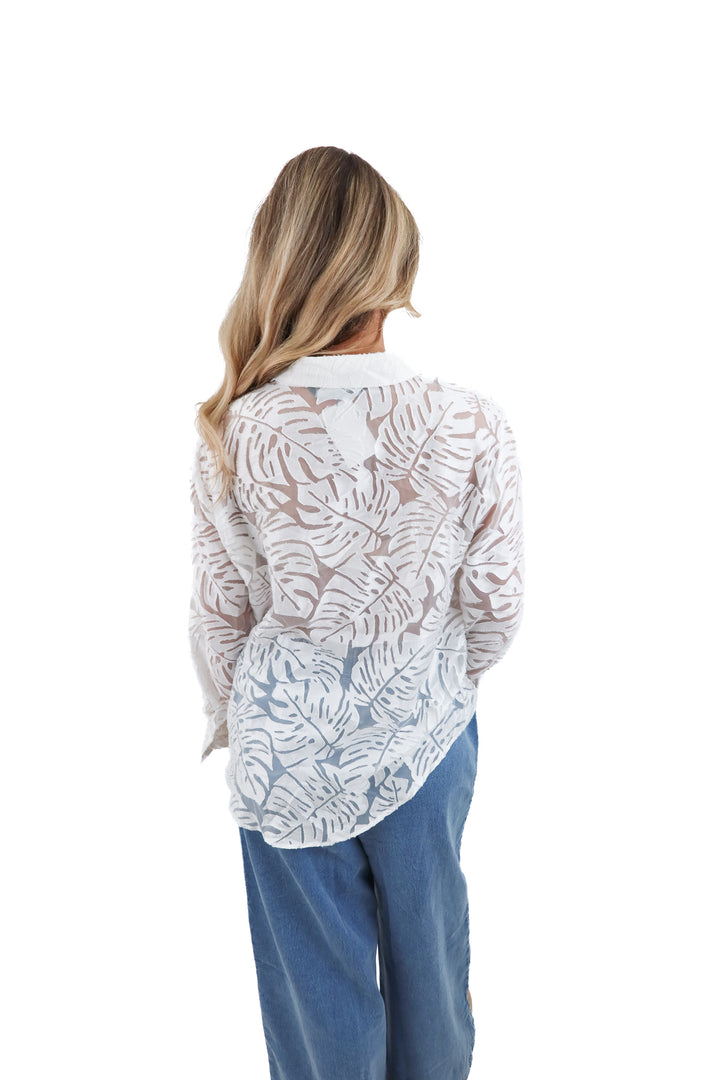 zara white sheer leaf design button up (xs)