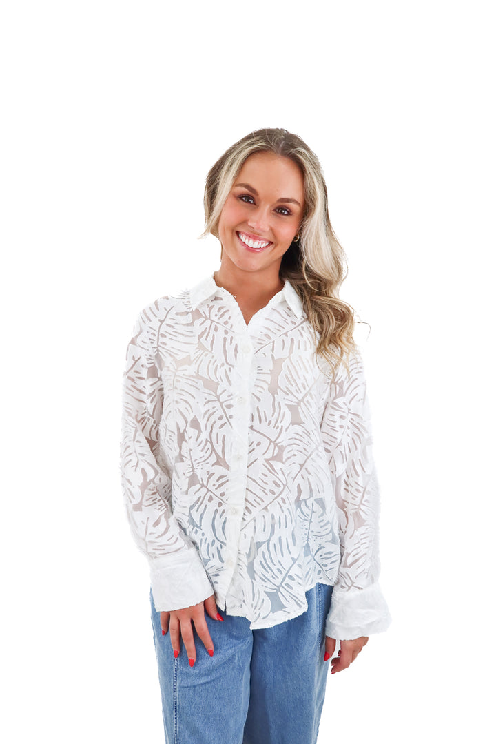 zara white sheer leaf design button up (xs)