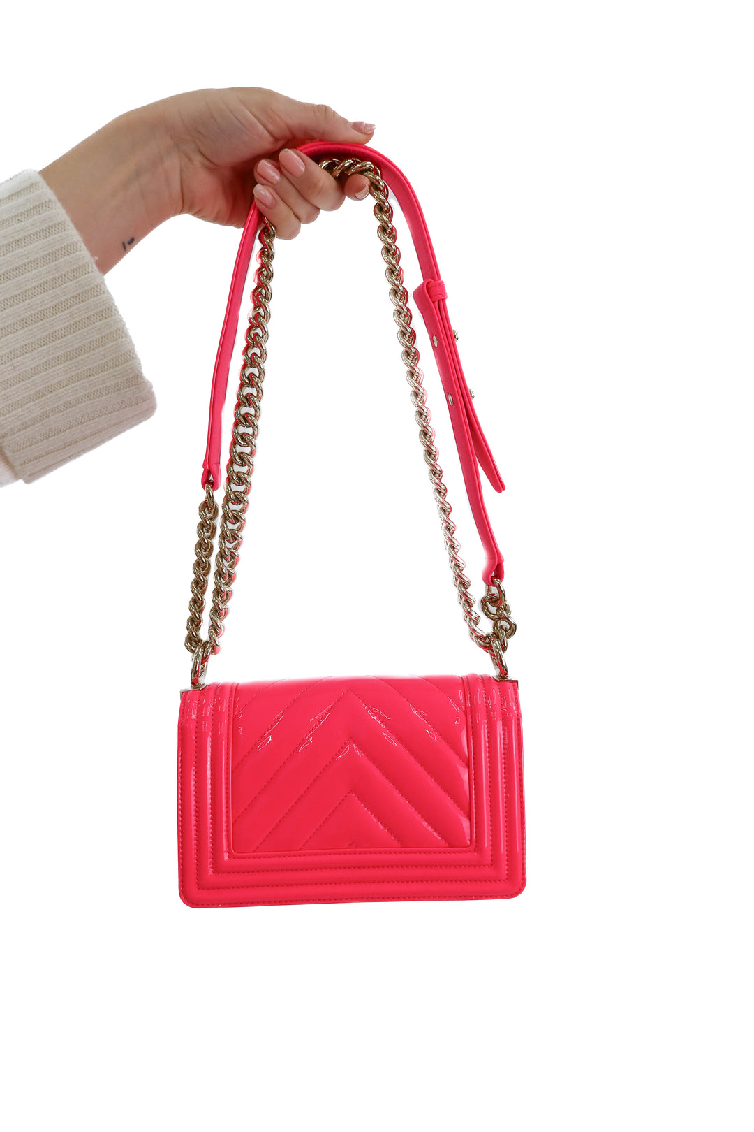 chanel patent chevron quilted small boy flap neon pink NWOT (retail $6,400)