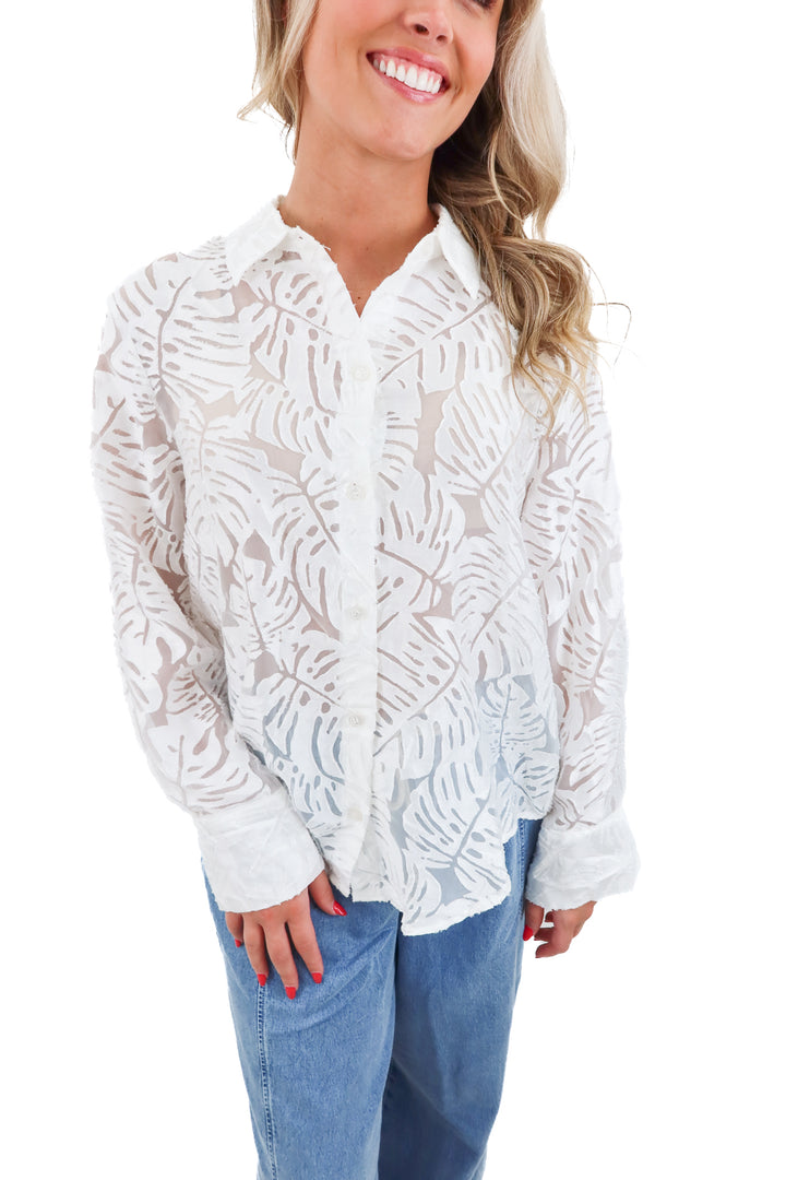 zara white sheer leaf design button up (xs)