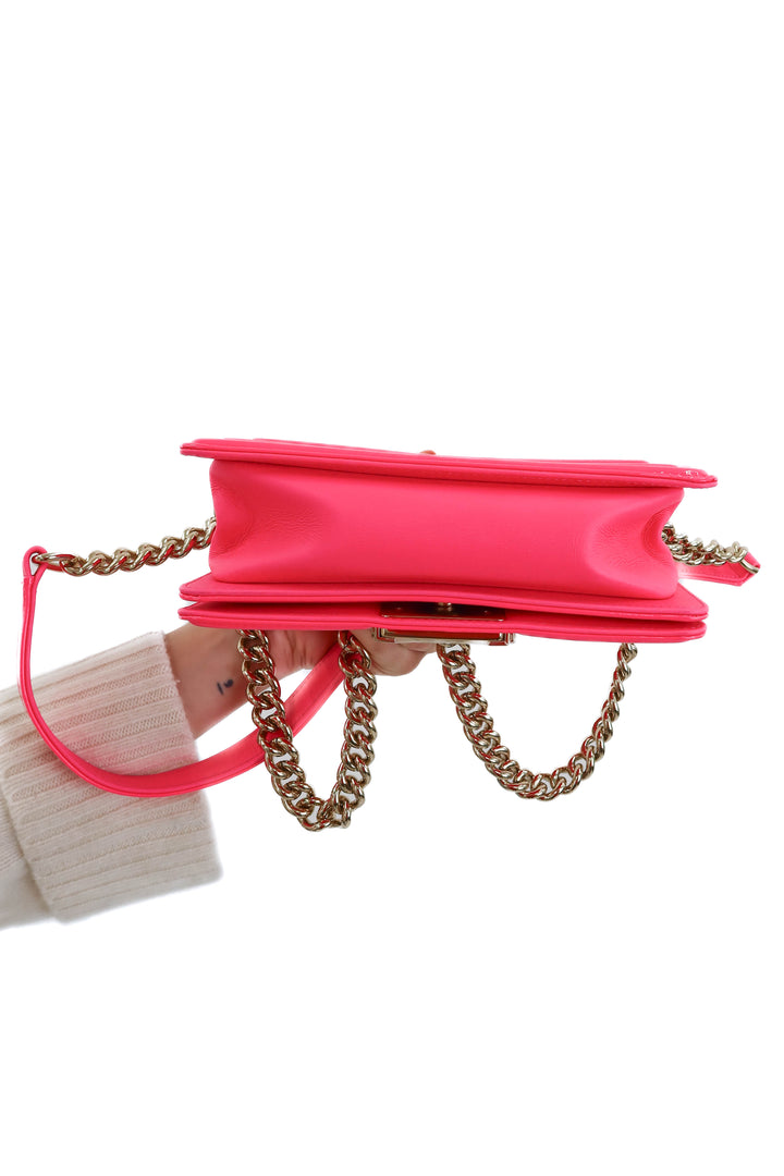 chanel patent chevron quilted small boy flap neon pink NWOT (retail $6,400)