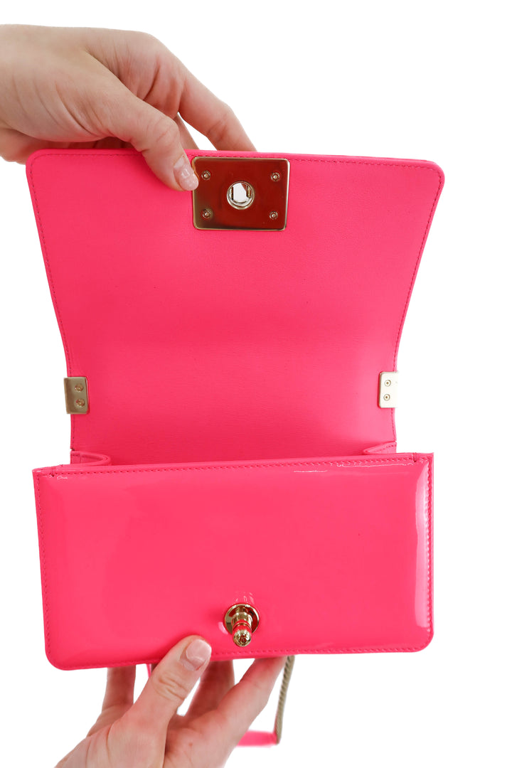 chanel patent chevron quilted small boy flap neon pink NWOT (retail $6,400)