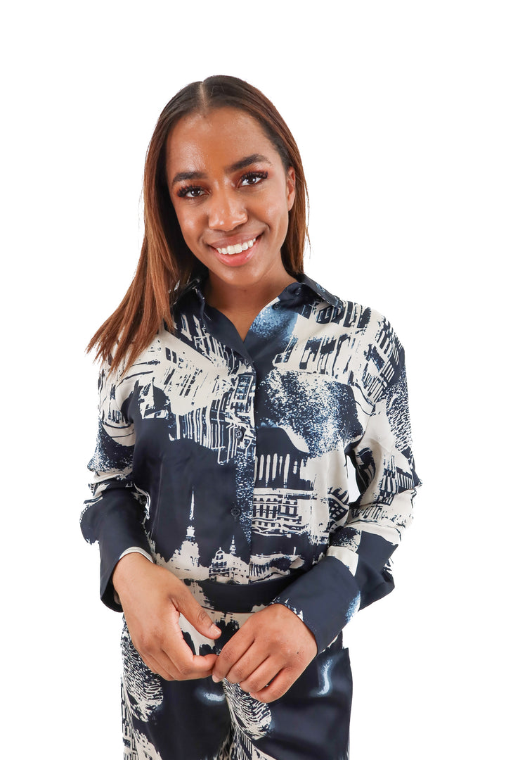 h&m silky city skyline print button up nwt (xs; retail $24.99)