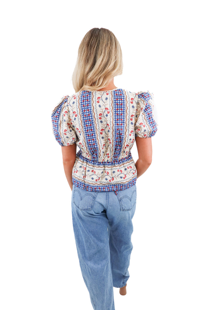 abercrombie & fitch cream/blue/red floral gingham top (S; retail $60)