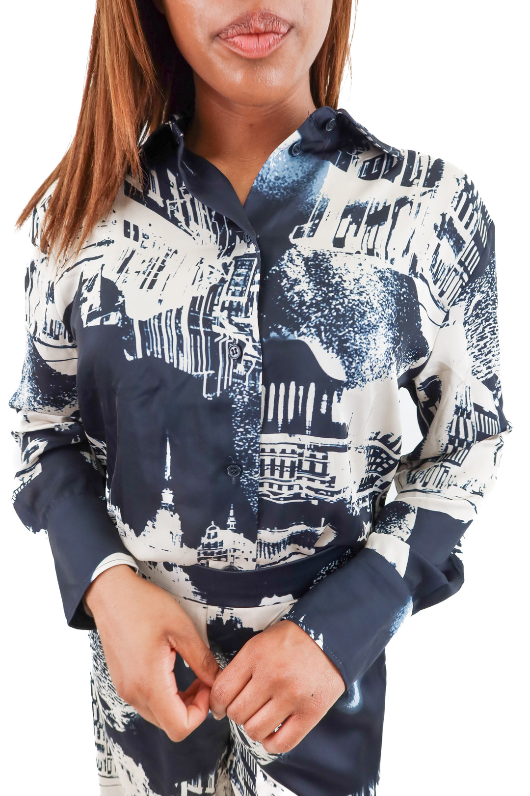 h&m silky city skyline print button up nwt (xs; retail $24.99)