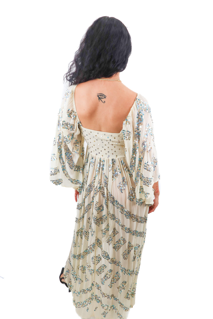 Jen's Pirate Booty cream sequined high low maxi dress (XS; retail $525)