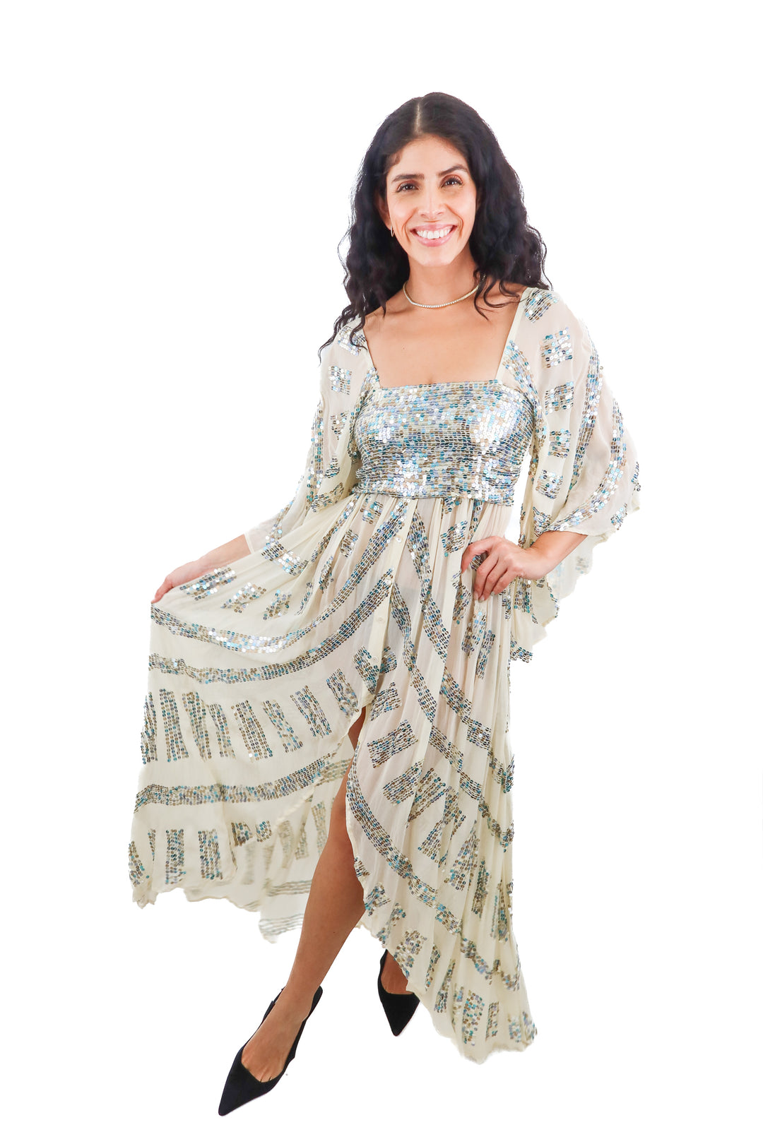 Jen's Pirate Booty cream sequined high low maxi dress (XS; retail $525)