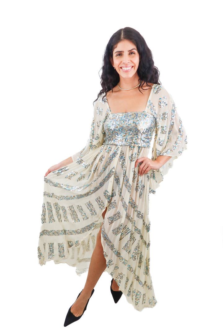 Jen's Pirate Booty cream sequined high low maxi dress (XS; retail $525)