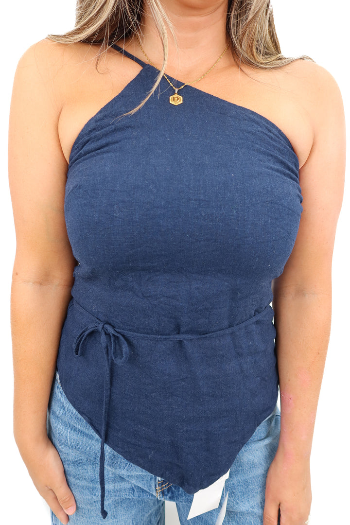 abercrombie & fitch navy one shoulder linen top (s; retail $60)