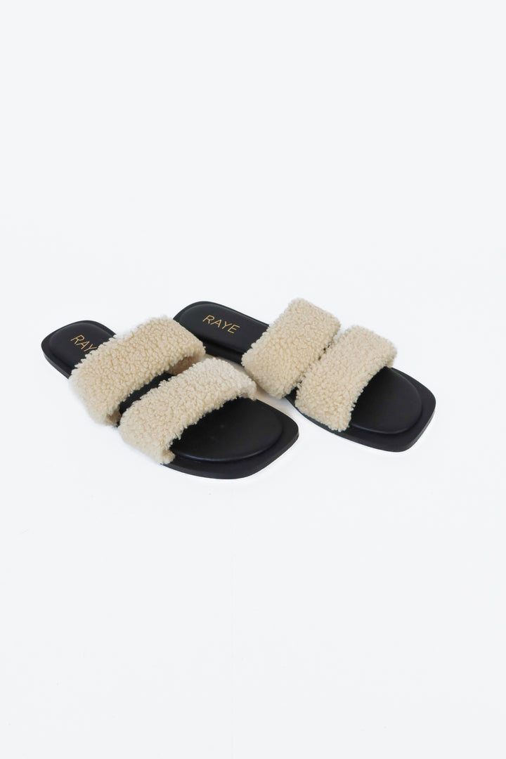 Raye Black and Cream Sherpa Slides (8.5)