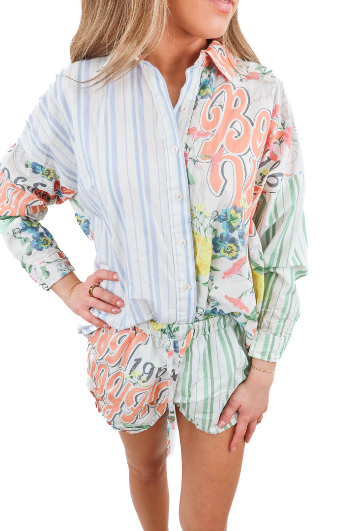 by Anthropologie bon voyage mixed print shorts set (XXS; retail $140)