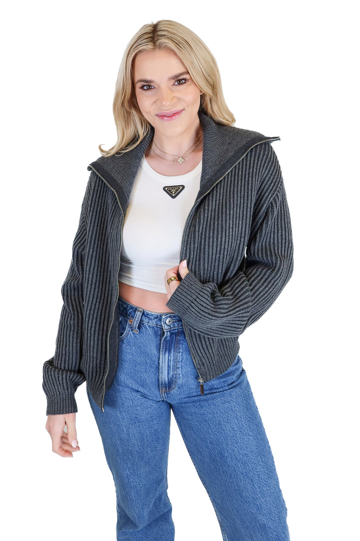 All Row Charcoal Chunky Knit Zip Up Sweater (S)