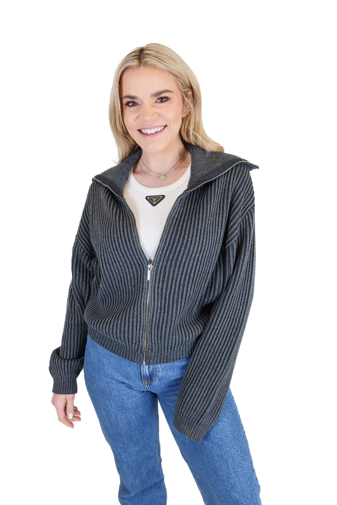 All Row Charcoal Chunky Knit Zip Up Sweater (S)