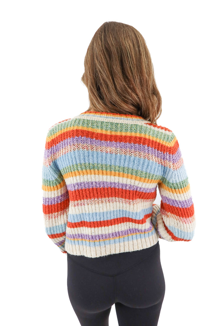 pilcro rainbow striped cardigan (xs; retail $138)