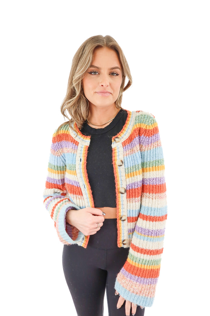 pilcro rainbow striped cardigan (xs; retail $138)