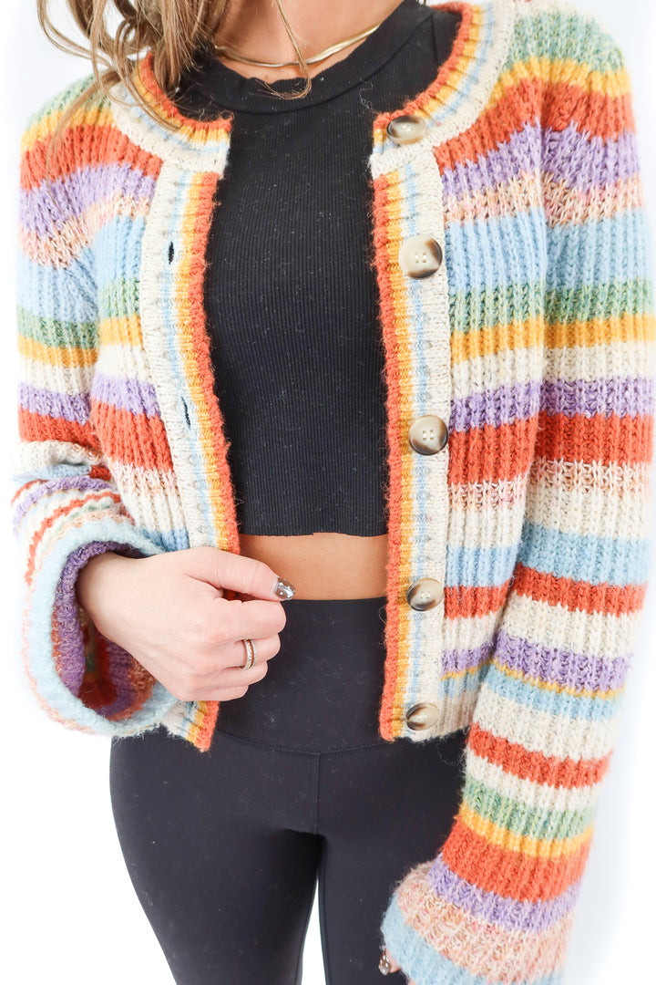 pilcro rainbow striped cardigan (xs; retail $138)